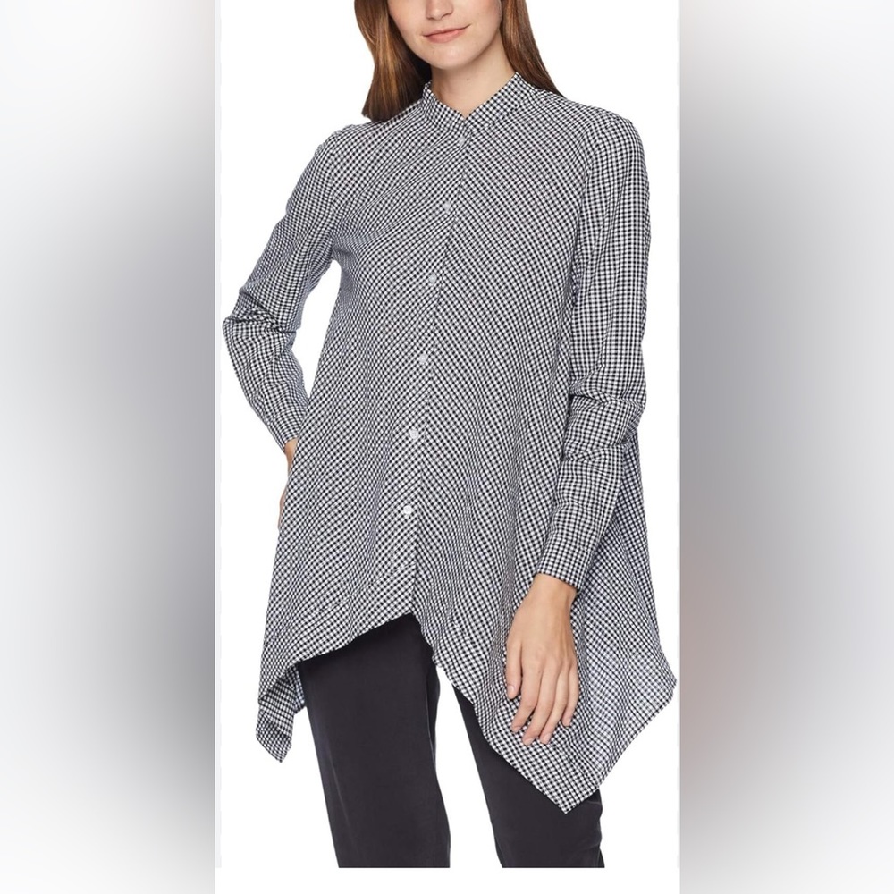 Anne Klein 2x blue/wht gingham tunic-mandarin collar, asymmetric hem.